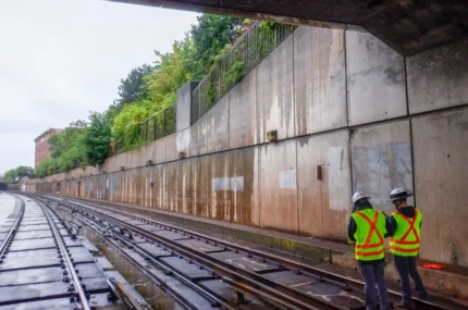 Two workers in reflective vests and helmets stand beside wet train tracks under an overpass, inspecting the concrete retaining wall.