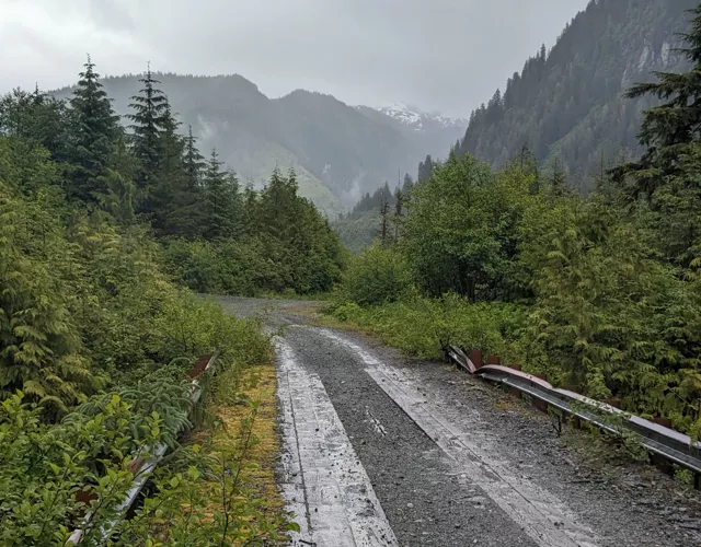 A narrow gravel road with damaged guardrails curves through dense green forest, with mountains and cloudy sky in the background.