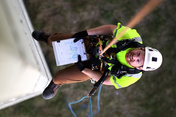 A person wearing safety gear and a helmet is suspended by a rope, holding a clipboard with documents while working at height outdoors.