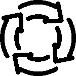 A black circular recycling symbol with four curved arrows forming a closed loop, indicating continuous movement or lifecycle.