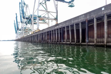Large shipping cranes stand along an industrial dock above greenish water, with reflections visible on the surface.