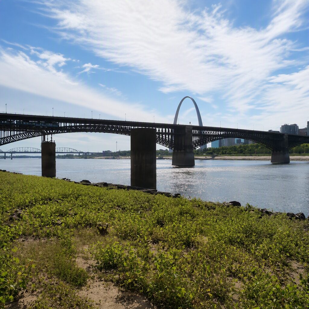 A steel arch bridge spans a wide river under a partly cloudy sky, with green vegetation along the riverbank in the foreground.